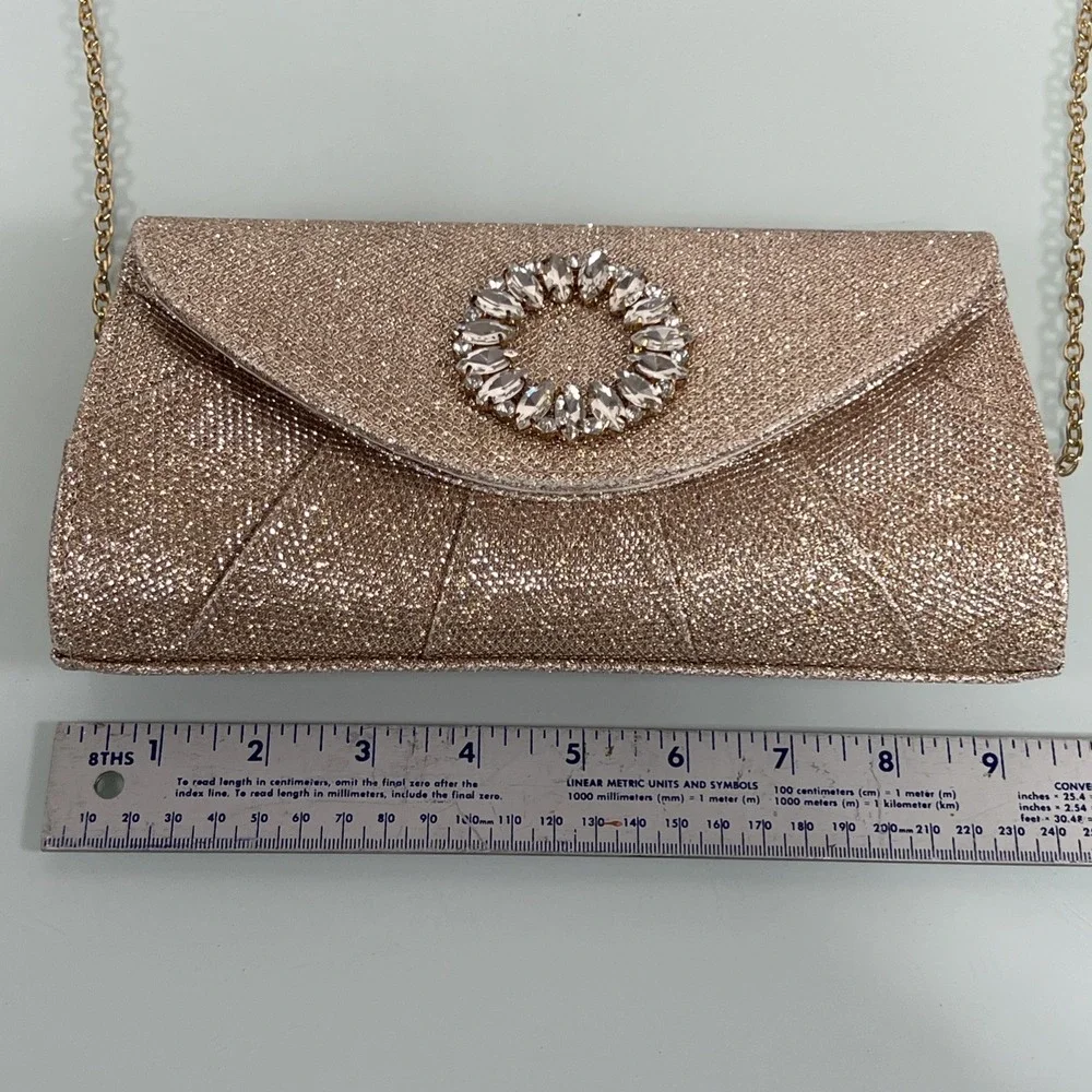 Kate Landry‎ Evening Gold Glitter With Rhinestone Brooch Style Clutch/Crossbody